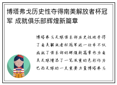 博塔弗戈历史性夺得南美解放者杯冠军 成就俱乐部辉煌新篇章